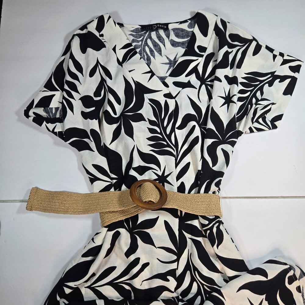Fred David Black & White Tropical Print Belted Midi Dress - Picture 2 of 15